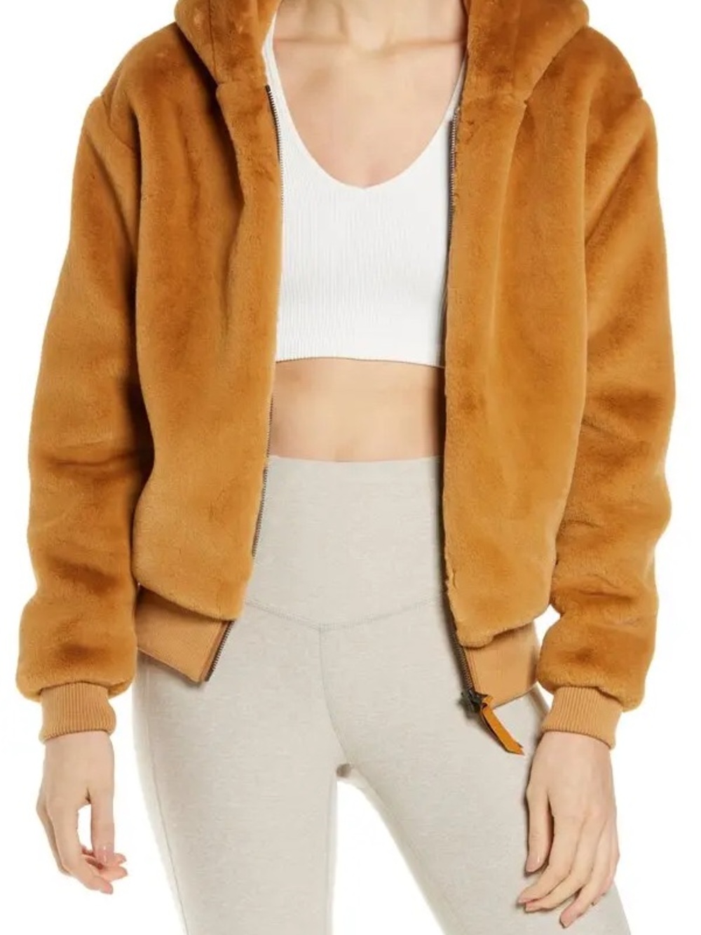 Faux-Fur Hooded Bomber Jacket in Camel